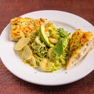 Spaghetti with Creamy Avocado, Pistachio Sauce & Shrimp