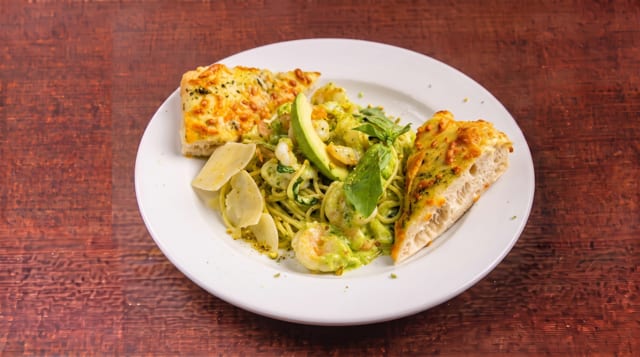 Spaghetti with Creamy Avocado, Pistachio Sauce & Shrimp.