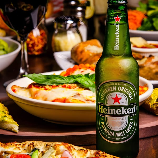 Heineken beer bottle with lasagna, pizza, and red wine on a wooden table.