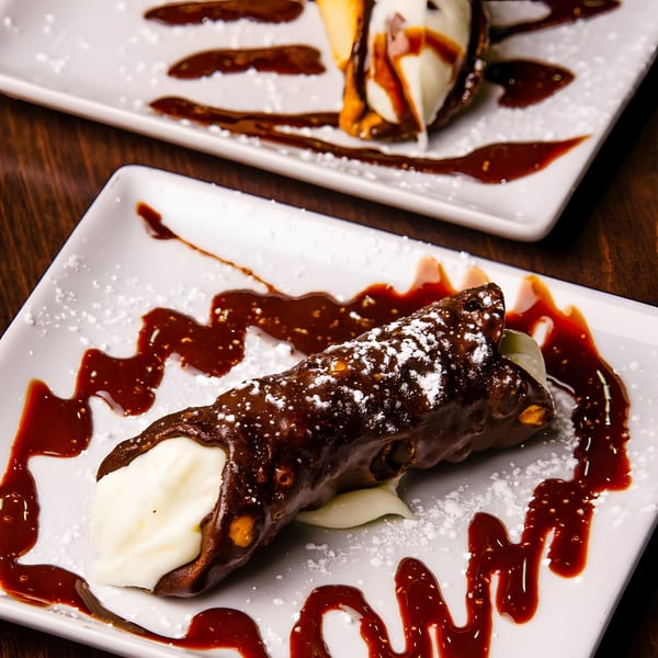 Two chocolate-dipped cannoli with white cream filling, powdered sugar, and chocolate drizzle on white plates.