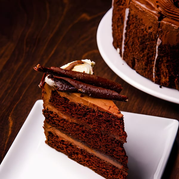 A slice of rich chocolate cake with frosting and chocolate shavings on a white plate.