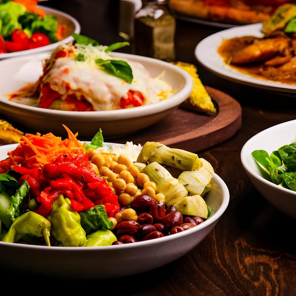 A vibrant salad with chickpeas, artichokes, peppers, and olives, alongside lasagna and other dishes.