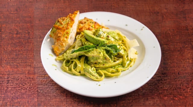 Fettuccine with Chicken and Creamy Avocado Pistachio Sauce.