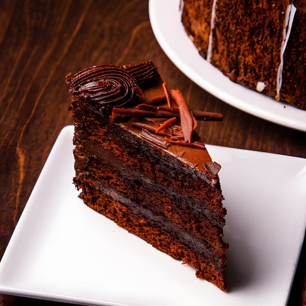 A rich chocolate cake slice with frosting and chocolate shavings on a white plate.