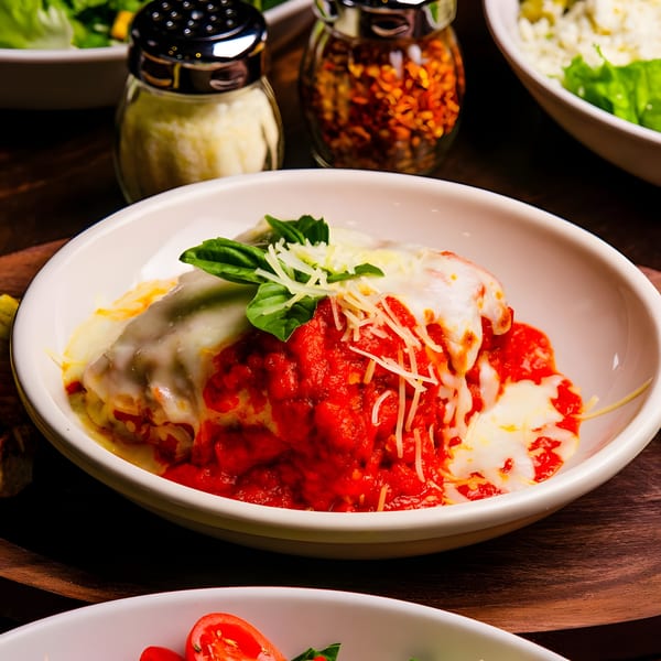 A white bowl of lasagna with red sauce, melted cheese, basil, and grated parmesan.