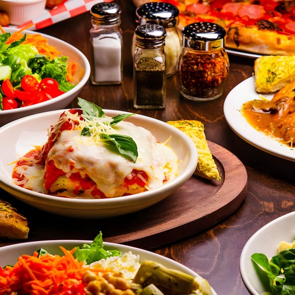 A table spread with Italian dishes including lasagna, salads, pizza, and seasoning shakers.