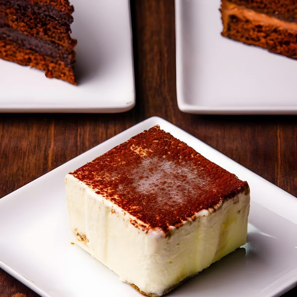 A tiramisu square with cocoa powder on top, with two chocolate cake slices in the background.